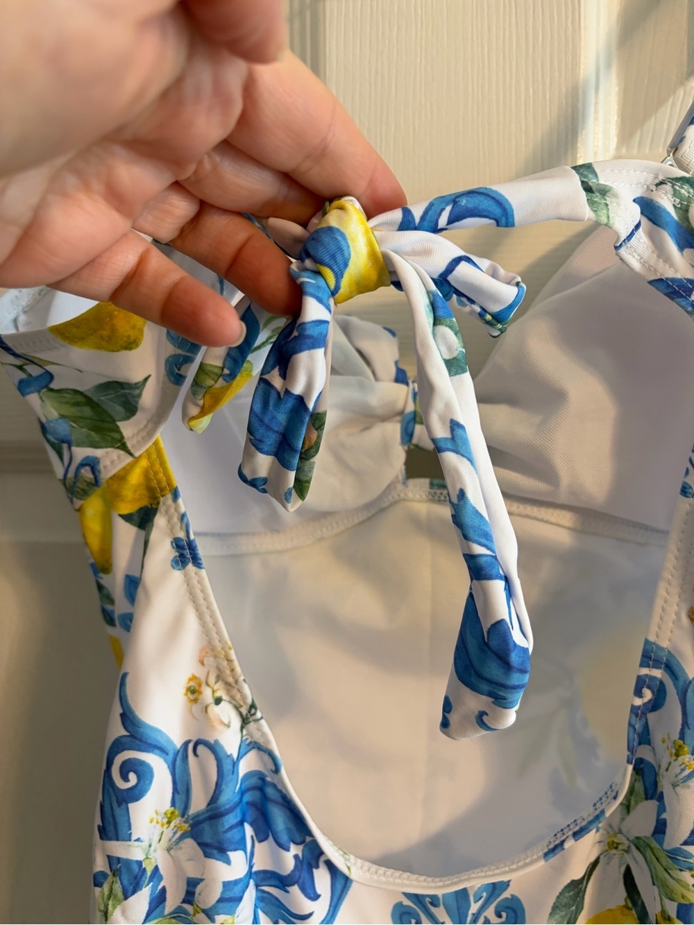 SHEIN Lemon Print One-Piece Swimsuit Size M | Blue White Tie Front Cutout - Picture 5 of 9